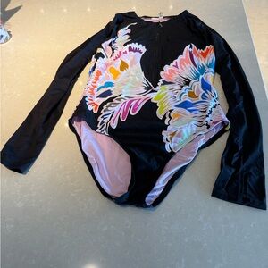Trina Turk Black Floral Long Sleeve One Piece Swimsuit B1